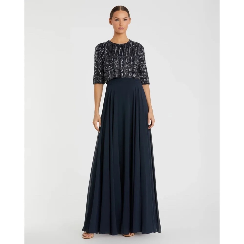 NWT Mac Duggal Blue Chiffon Gown w/ Fully Beaded 3/4 Sleeve Top - size 6